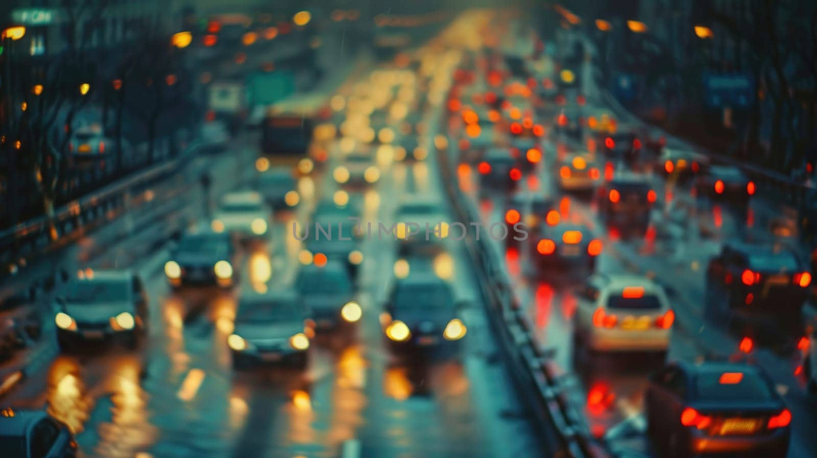 Blurred background of heavy traffic on a rainy day --ar 16:9 Job ID: 8dbd90a2-3462-48a3-89e1-d4126f018066