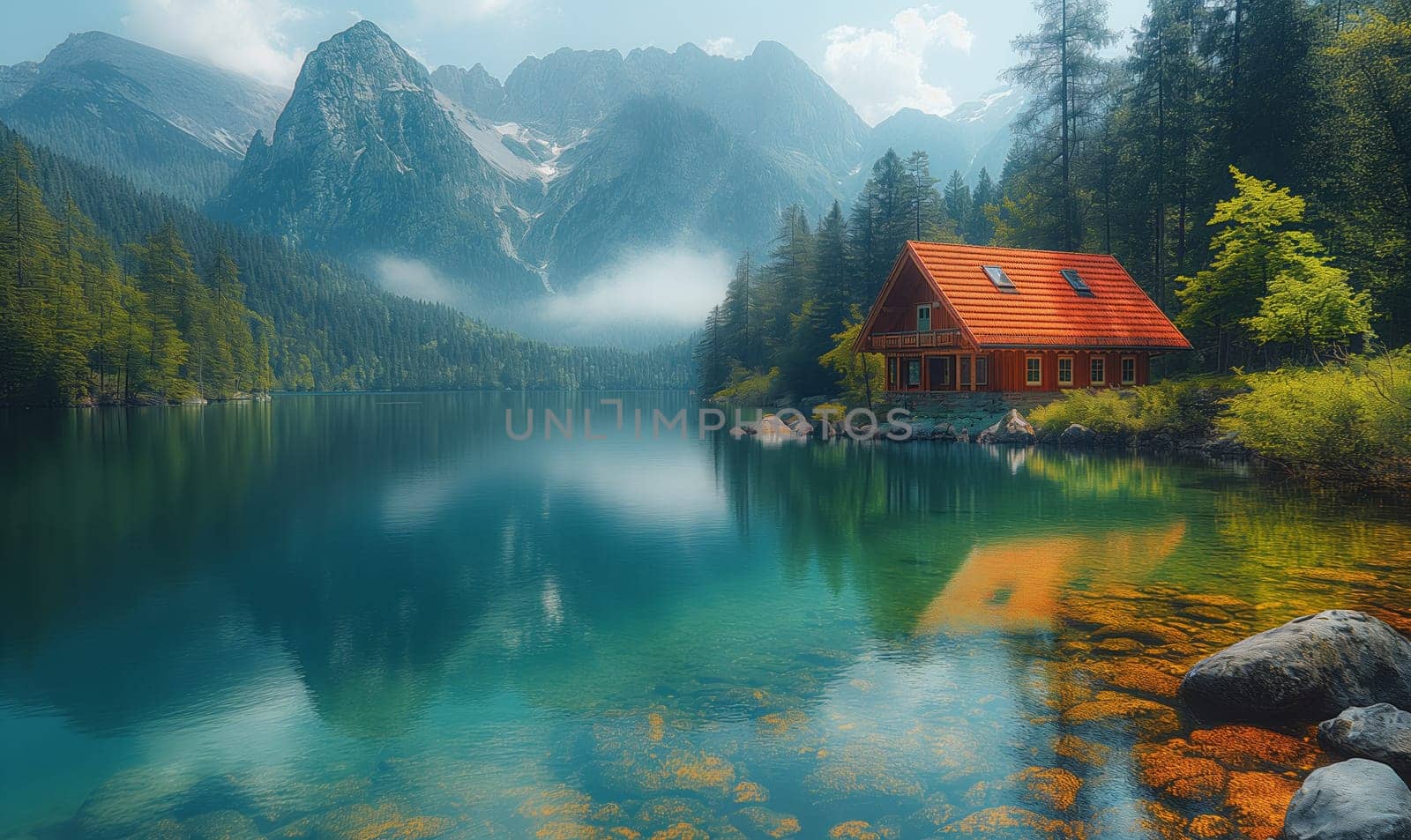 A painting of a cabin situated on a lake with towering mountains in the backdrop.