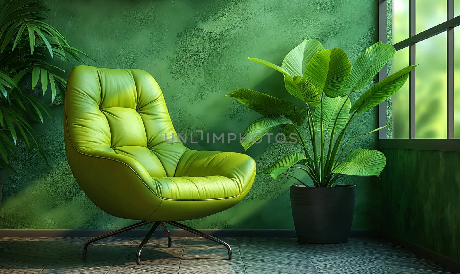 A green room with a wooden chair and a potted plant in a corner.