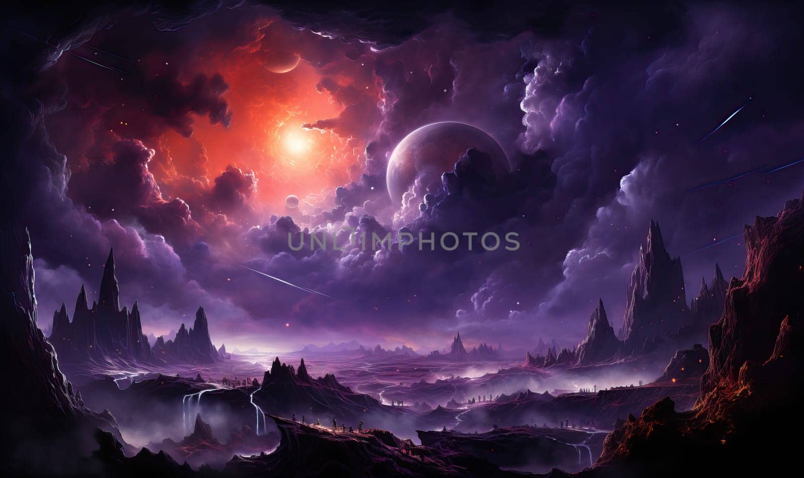 Painting of a purple sky filled with clouds and various planets.
