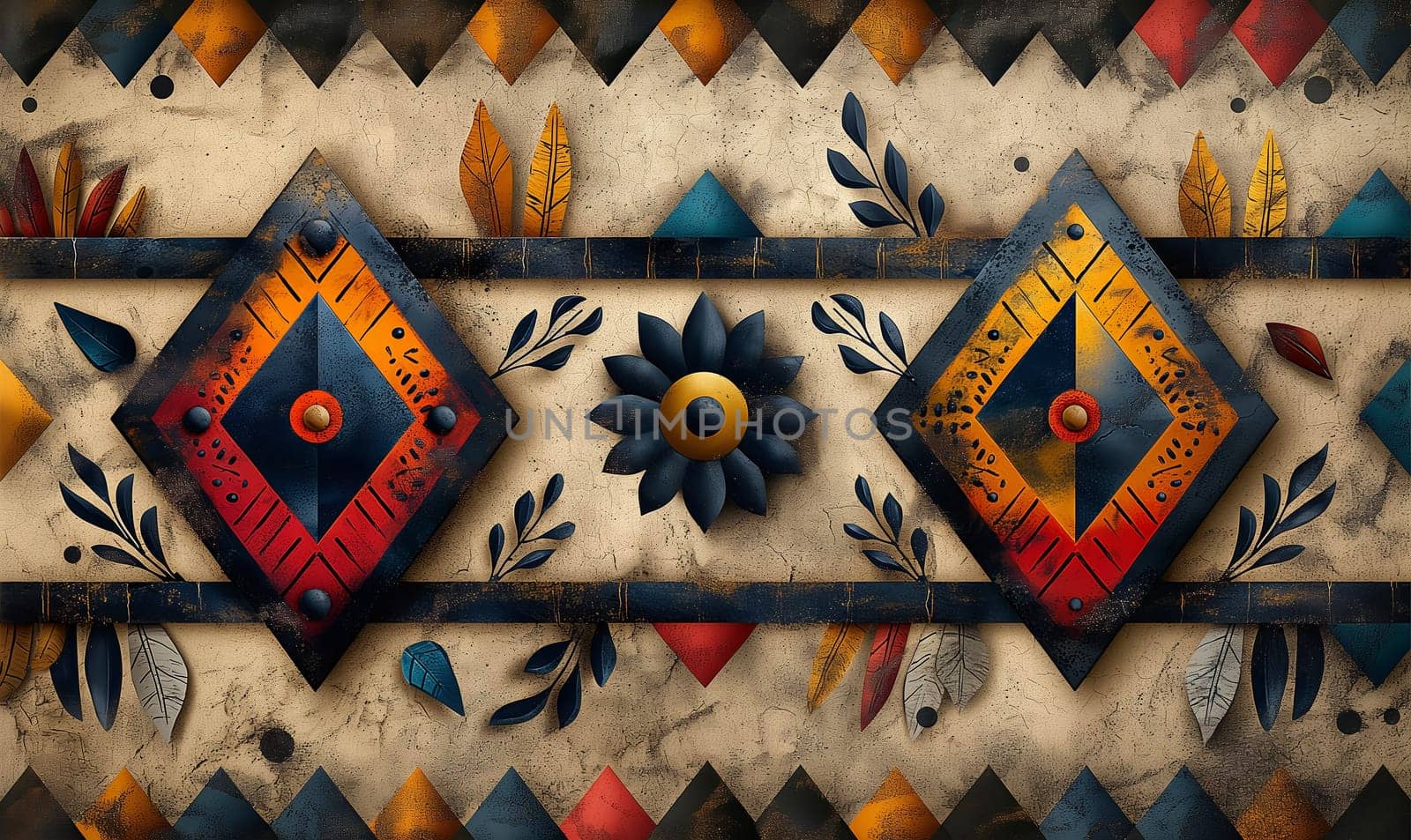 Tribal patterns and symbols with vibrant colors.