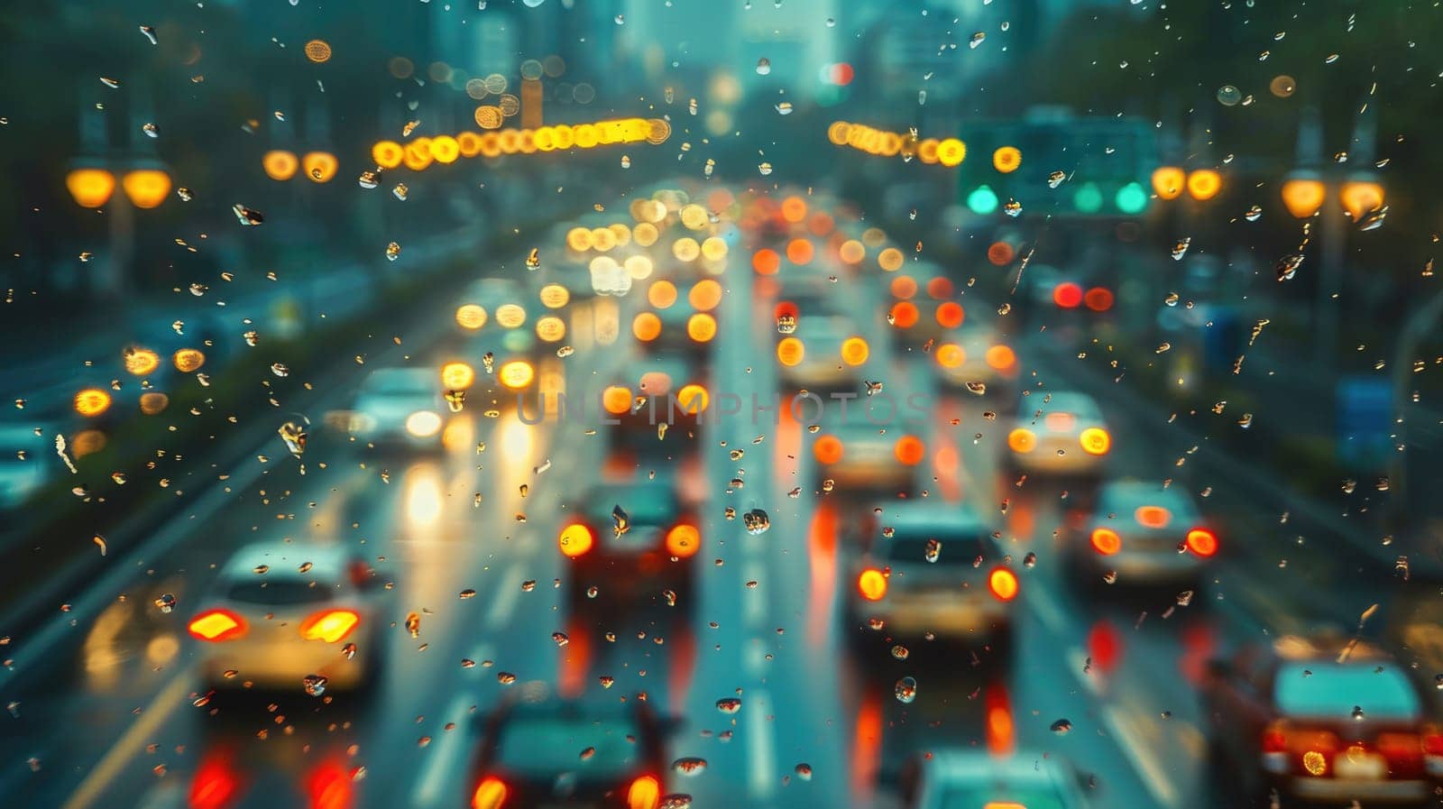 Blurred background of heavy traffic on a rainy day --ar 16:9 Job ID: 170c1d5a-d067-4cab-8d30-715cb59974de
