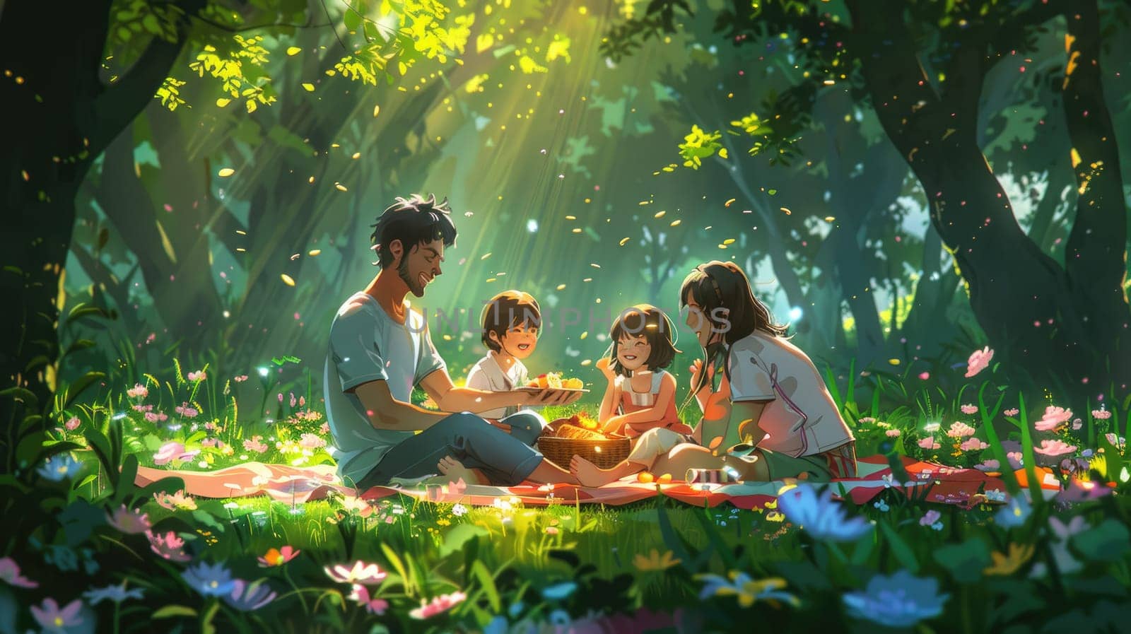 A family having a picnic in a lush park, with parents and children laughing and sharing food on a colorful blanket, surrounded by blooming flowers and green trees..