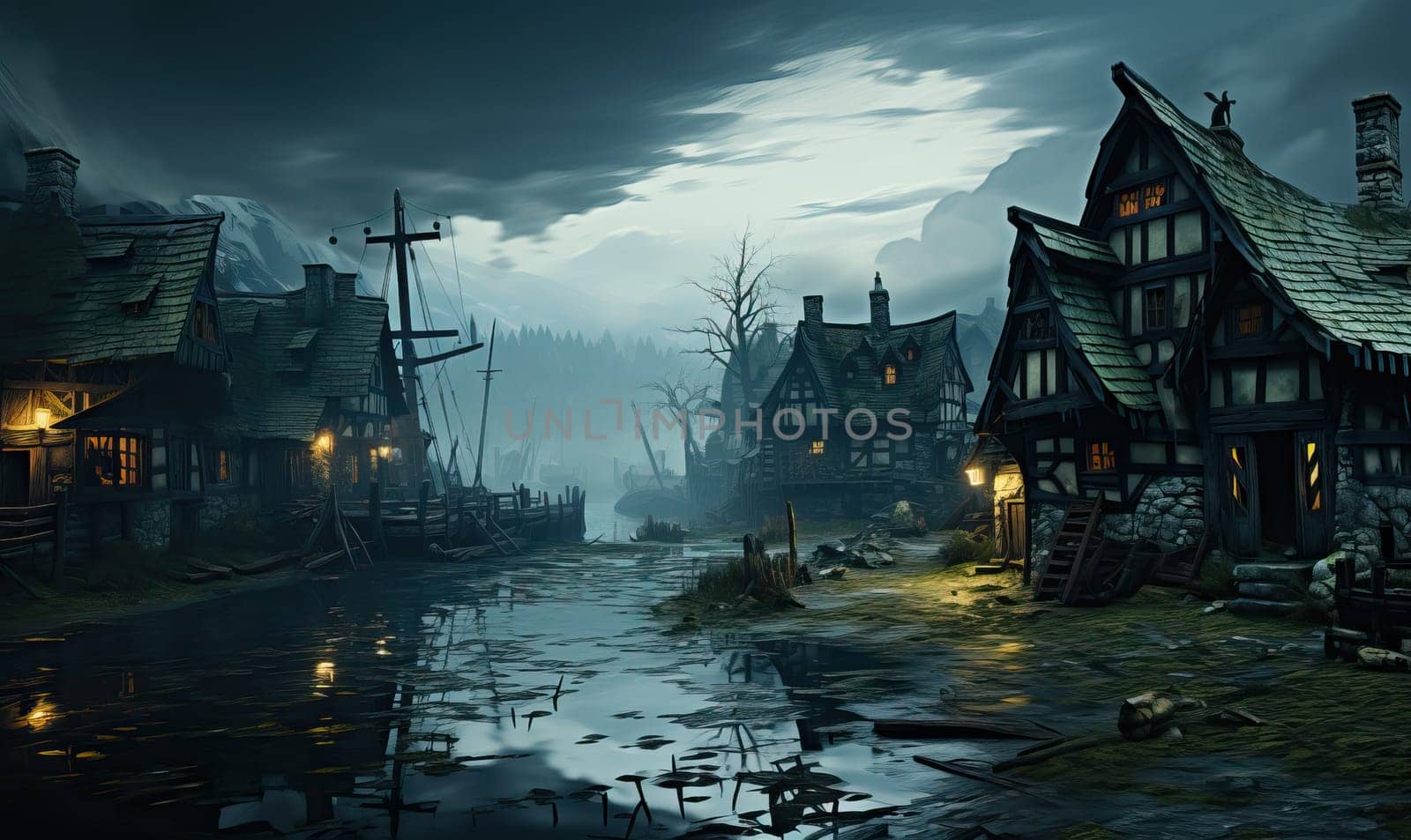 Painting showing a village at night with twinkling lights and dark shadows.