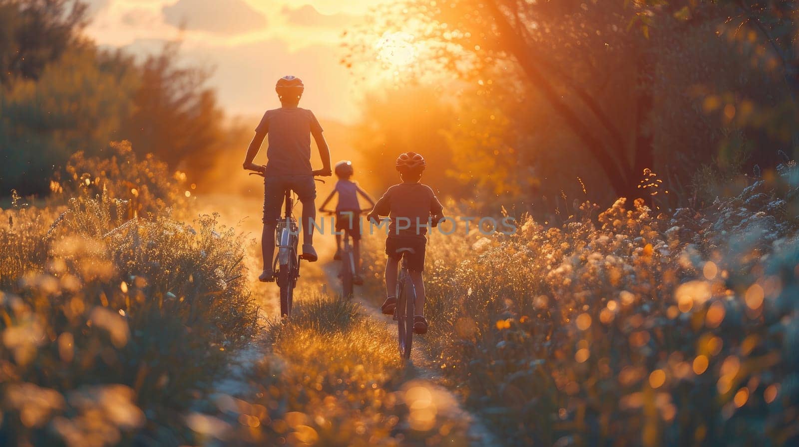 Happy Family Cycling Together at Sunset - Joyful Summer Activity Filled with Love and Togetherness..