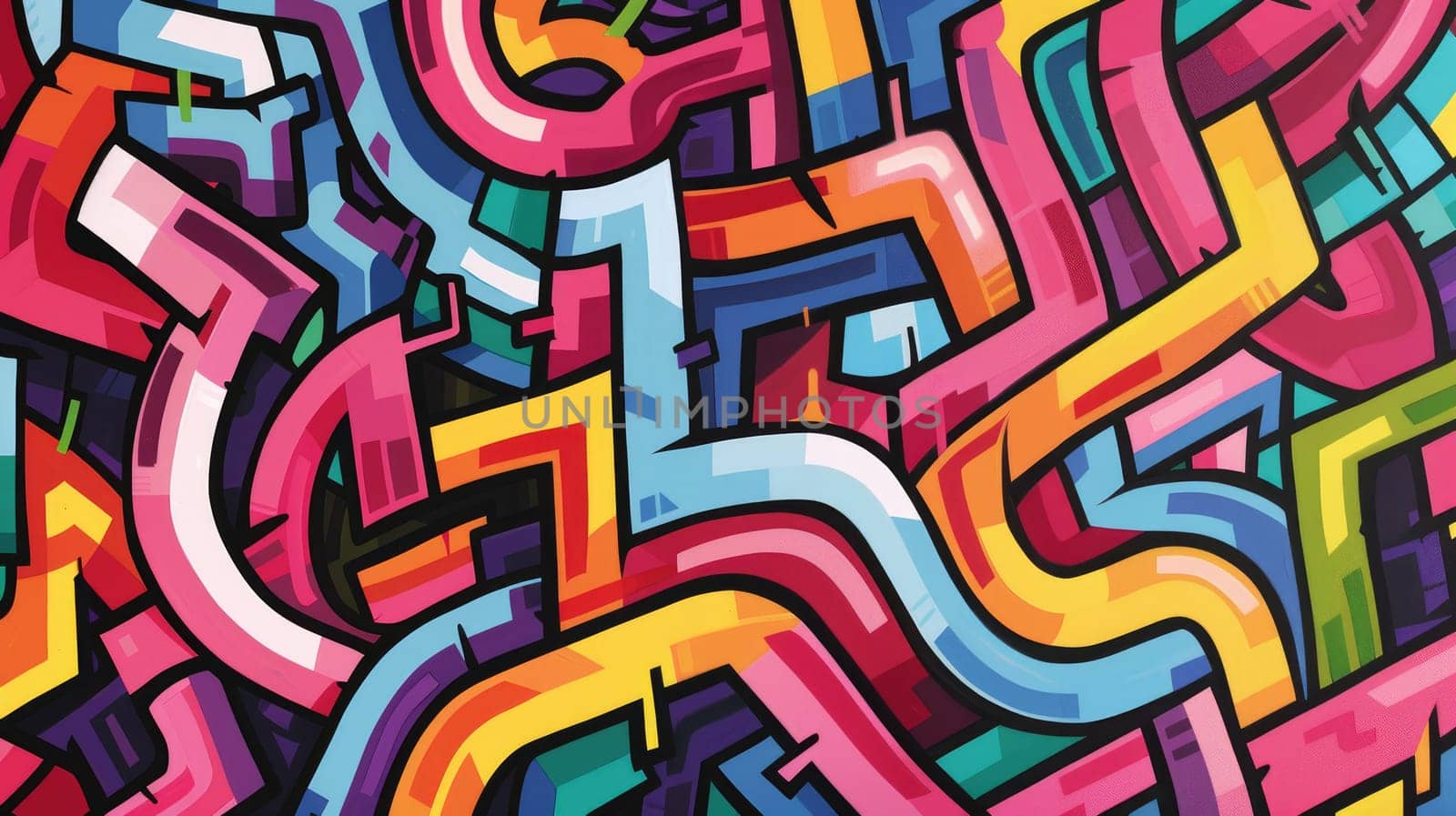 abstract maze. colorful, optimistic, bold brutalist futuristic trippy contrasting color pallette graffiti influenced style --ar 16:9 Job ID: 308fb305-547d-4fc4-bce5-ea3420f074eb