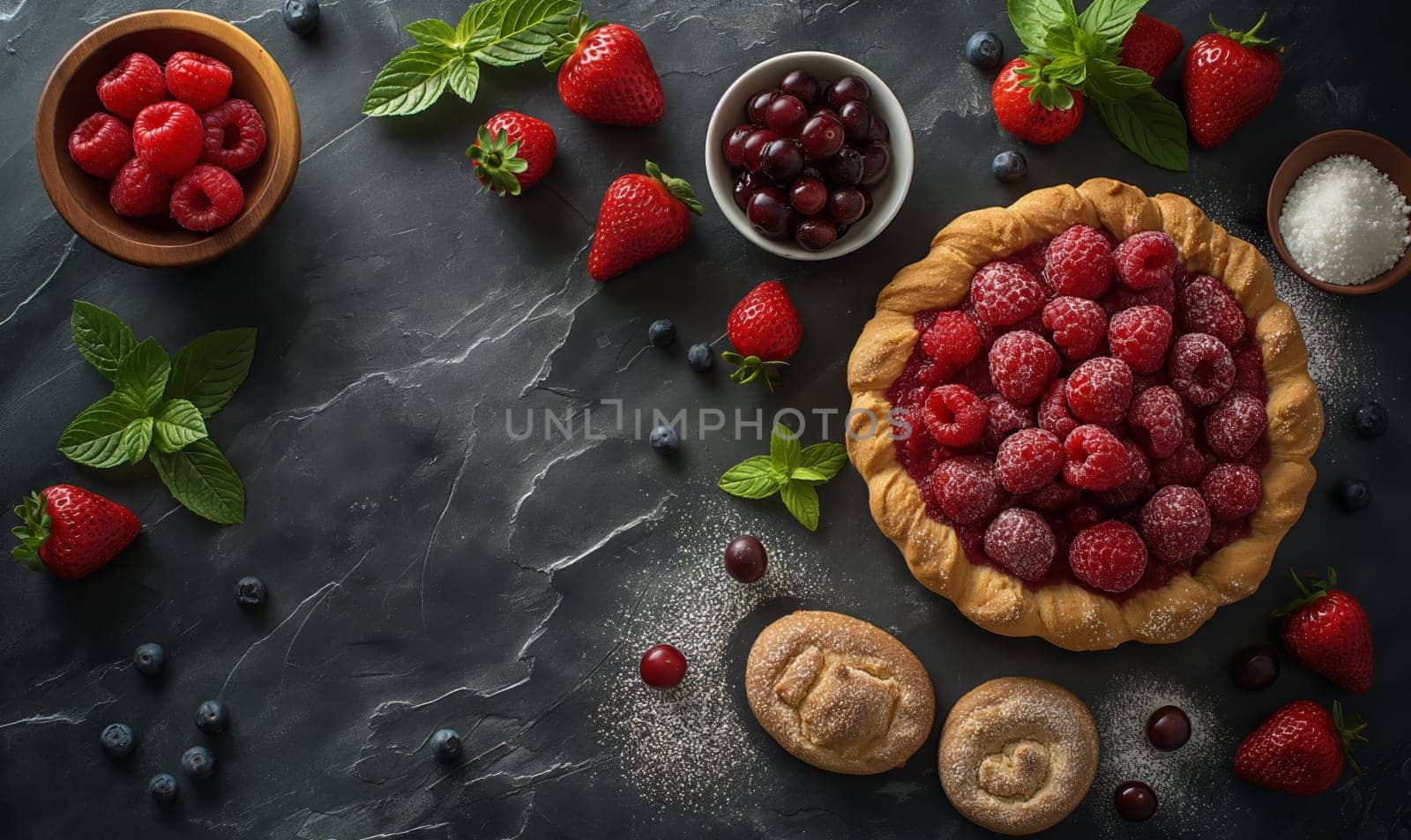 Freshly baked pie in the center, surrounded by assorted berries and fruits.