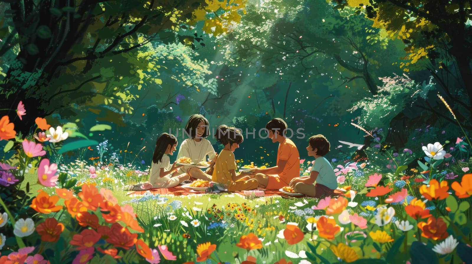 A family having a picnic in a lush park, with parents and children laughing and sharing food on a colorful blanket, surrounded by blooming flowers and green trees. by nijieimu