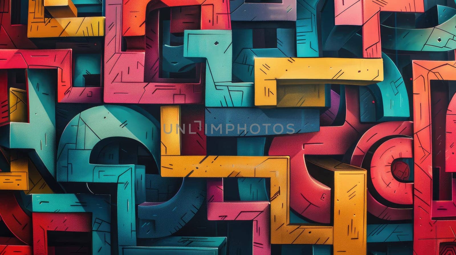 abstract maze. colorful, optimistic, bold brutalist futuristic trippy contrasting color pallette graffiti influenced style --ar 16:9 Job ID: a71c185c-efdf-4d0e-8bbb-18bb2aa8d2e9