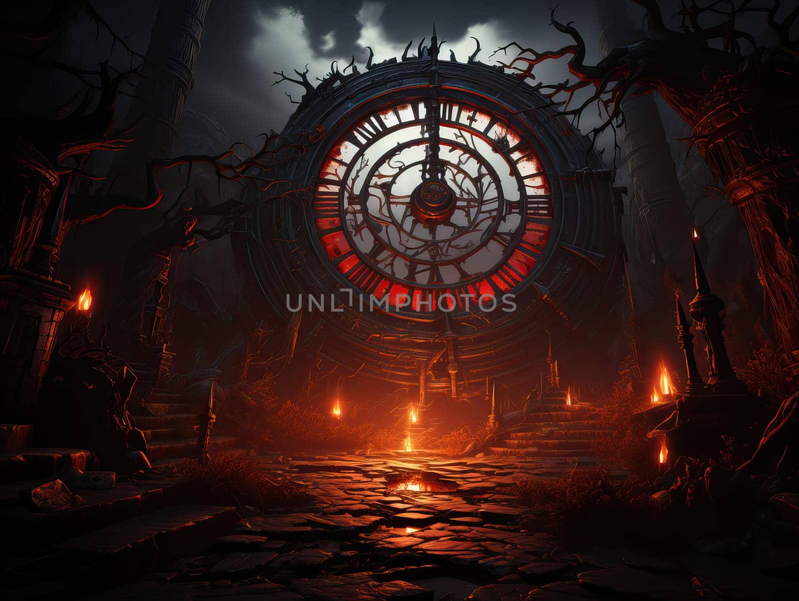 An eerie clock tower looms in a dark, torch-lit setting.