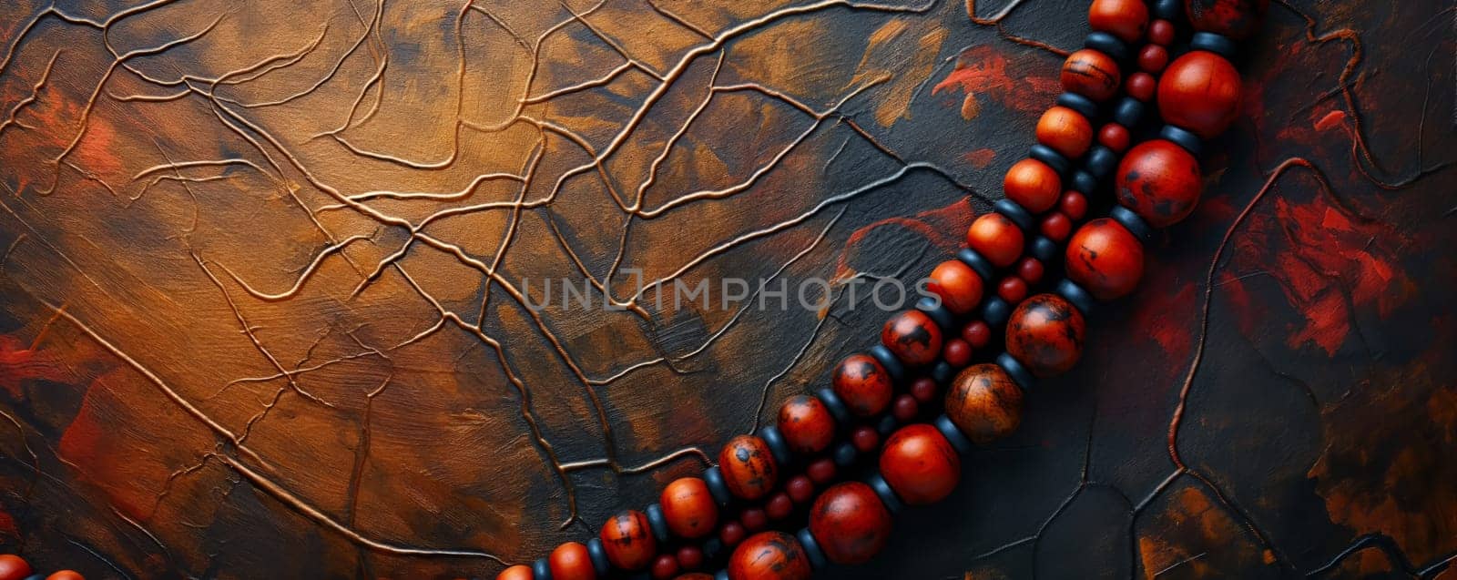 Close-up of red beads on an embossed backdrop.