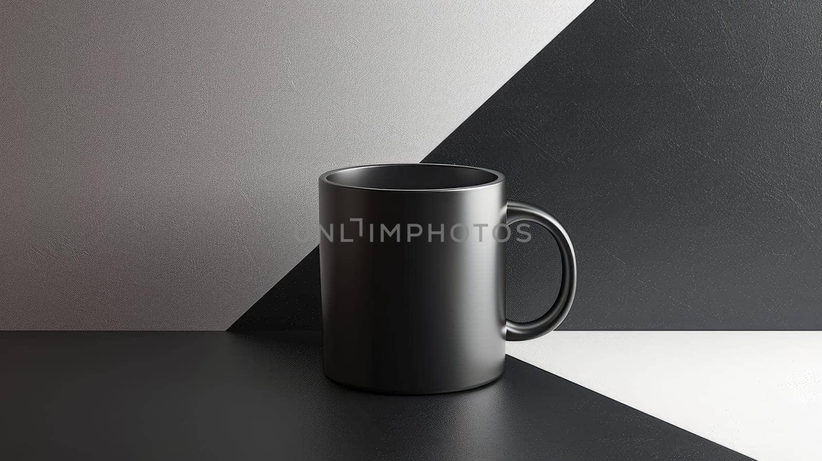 A modern mug placed on a smooth, monochrome surface with a geometric pattern backdrop, showcasing minimal style and clean lines.
