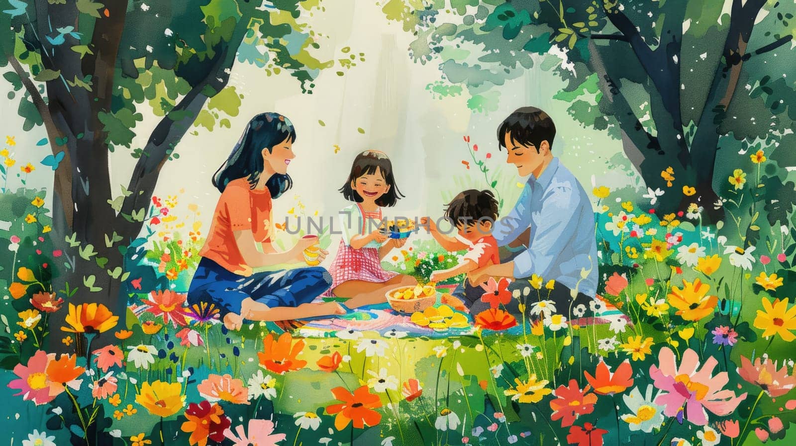 A family having a picnic in a lush park, with parents and children laughing and sharing food on a colorful blanket, surrounded by blooming flowers and green trees. by nijieimu