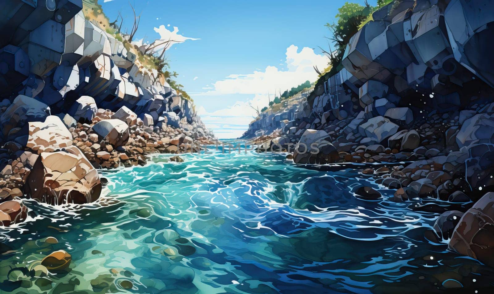 A painting featuring a river running over rocks with clear water.