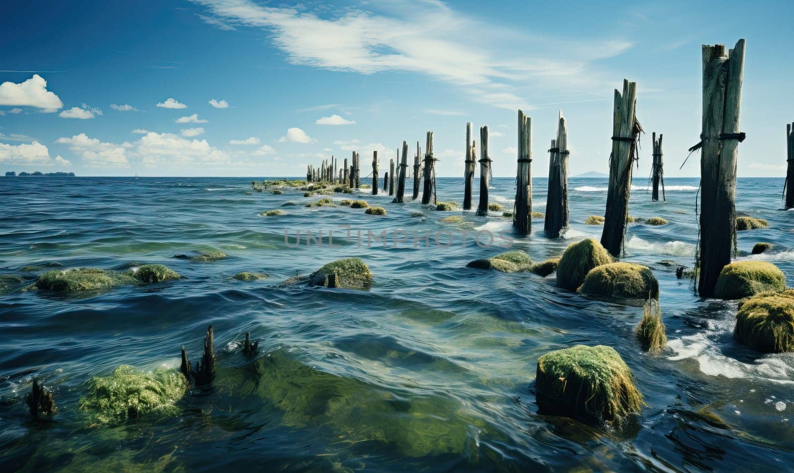 Old wooden posts stand in shallow sea waters.