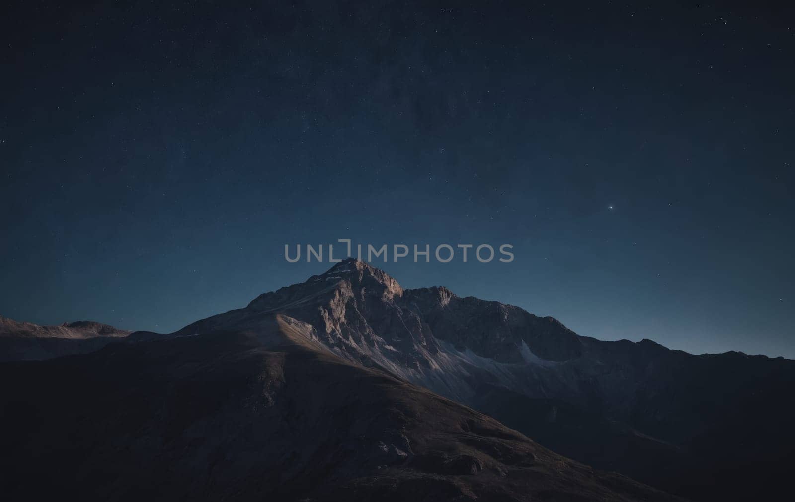 A snowcovered mountain under a starry sky, creating a picturesque natural landscape with a serene atmosphere and a beautiful horizon