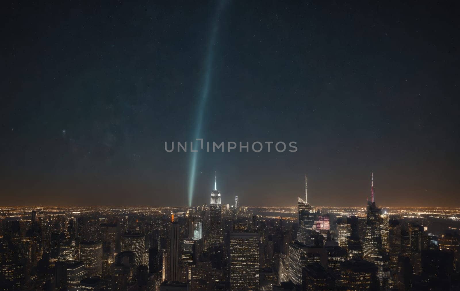An urban skyline at night with a stunning view of the milky way in the sky, featuring towering skyscrapers and city lights illuminating the horizon