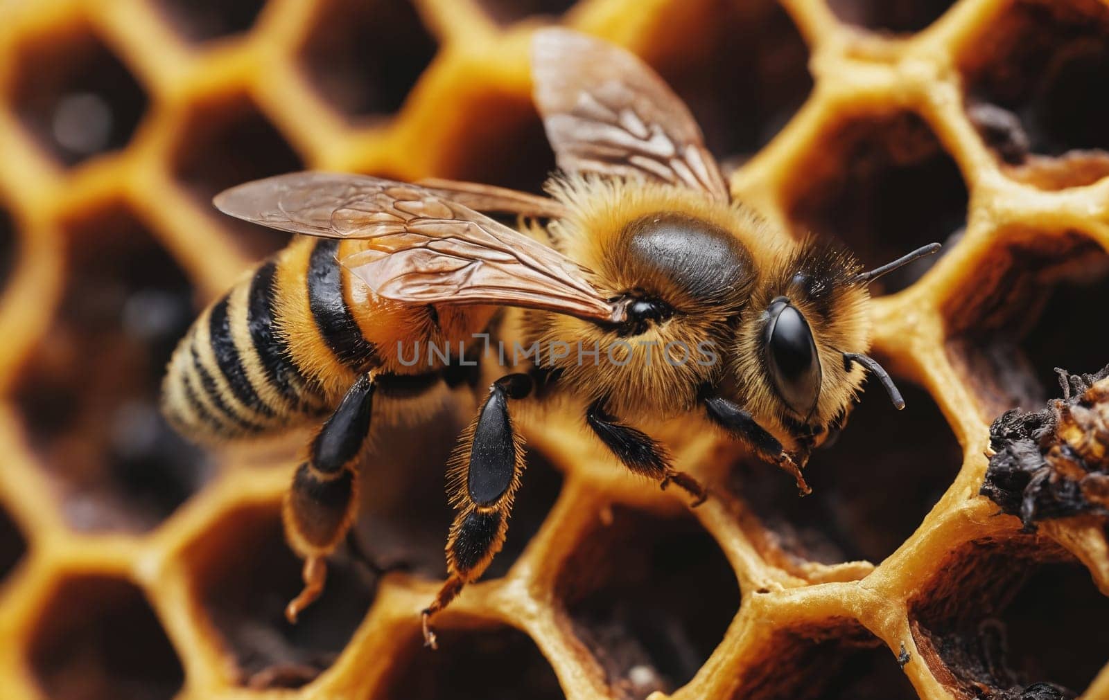 A close up of a bee pollinating on a honeycomb, showcasing the intricate natural material created by honeybees. The bee, an arthropod organism, plays a crucial role as a pollinator in the beehive