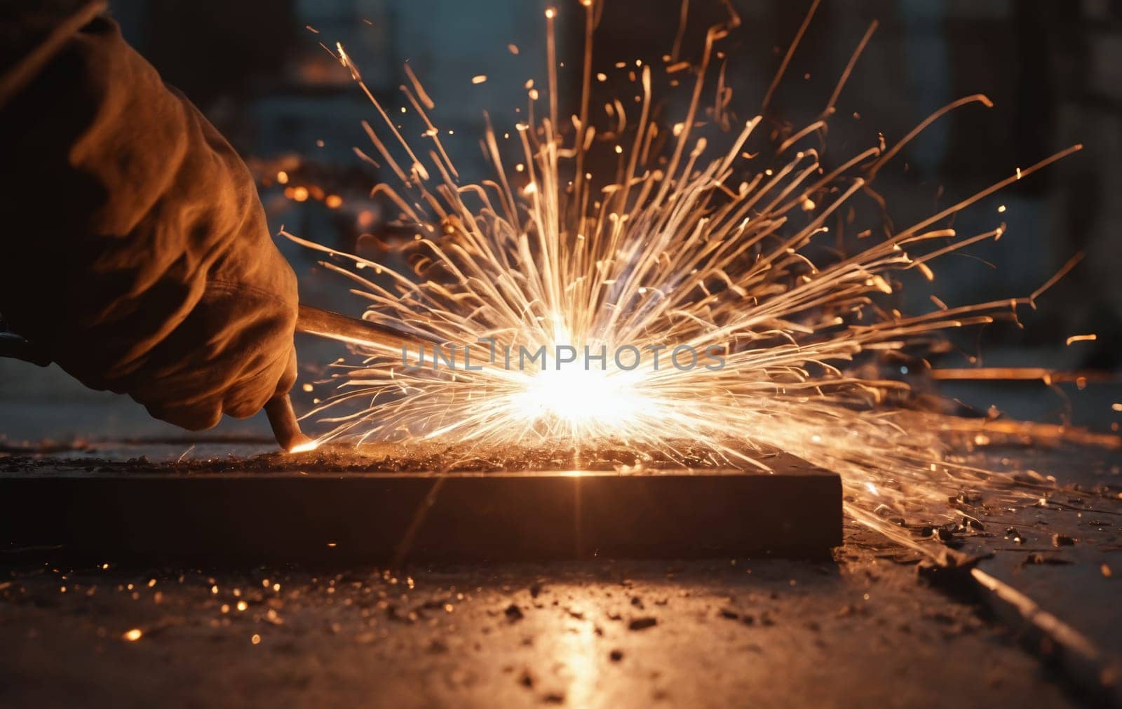 A close up of a person welding metal, creating sparks in the darkness by Andre1ns