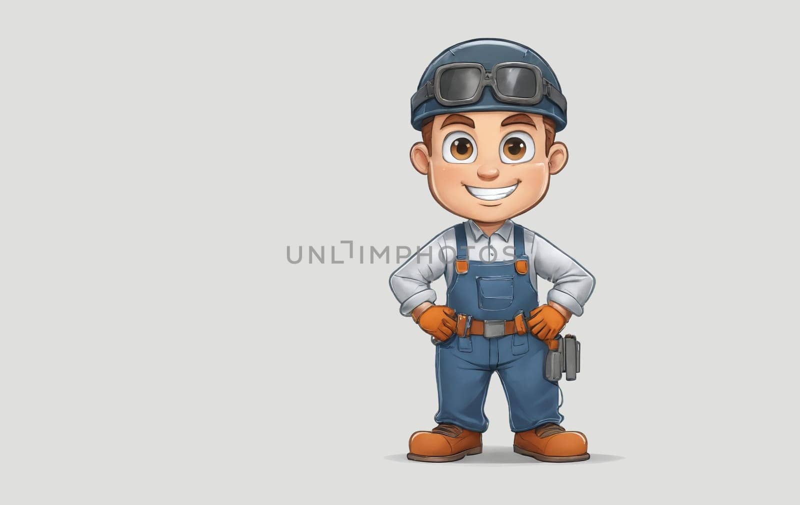 Cartoon construction worker with helmet and goggles, smiling with hand on hip. Detailed eye, arm gesture, and sleeve clothing in the artwork