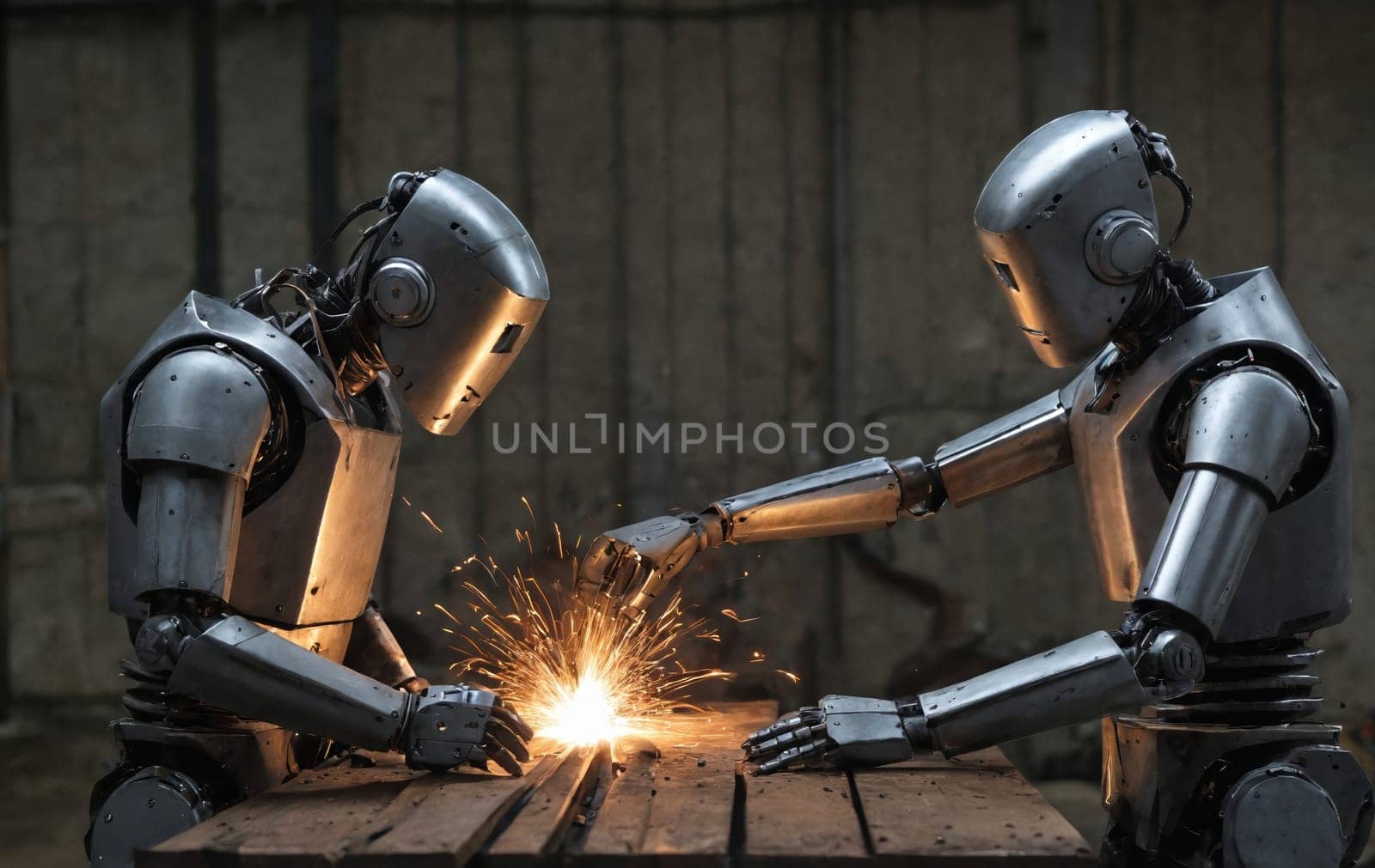 Industrial robot welding with sparks in the factory. Industrial robot