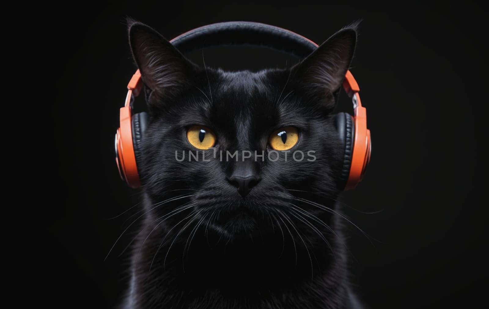 A Felidae cat with whiskers and a snout is wearing headphones on a black background. The small to mediumsized carnivore has dark fur blending into the darkness