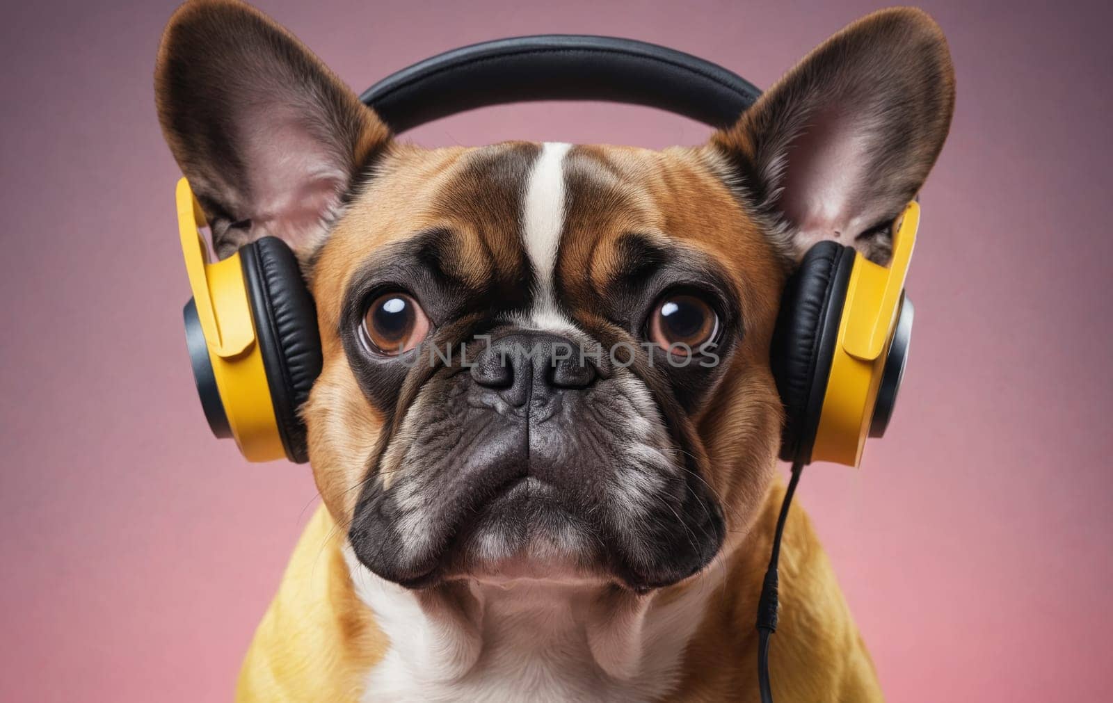 Fawn French Bulldog wearing headphones on pink background by Andre1ns