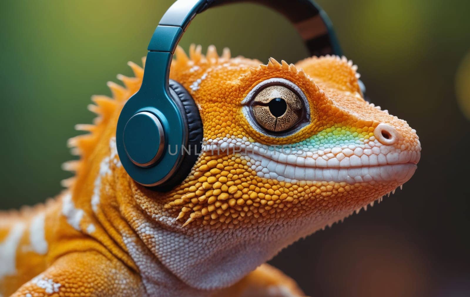 A scaled reptile, known as a lizard, is wearing headphones and smiling in a closeup photo capturing its terrestrial features through macro photography