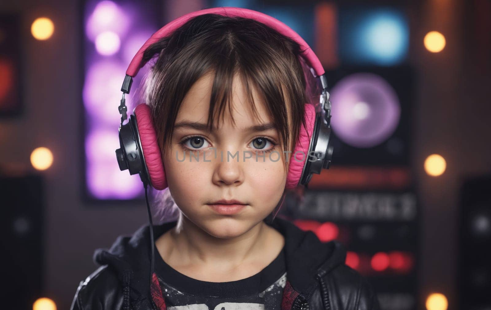 A cool music artist with black hair is donning headphones, while showcasing vibrant eyebrow and eyelash colors like pink, magenta, and violet. Flash photography captures her unique style