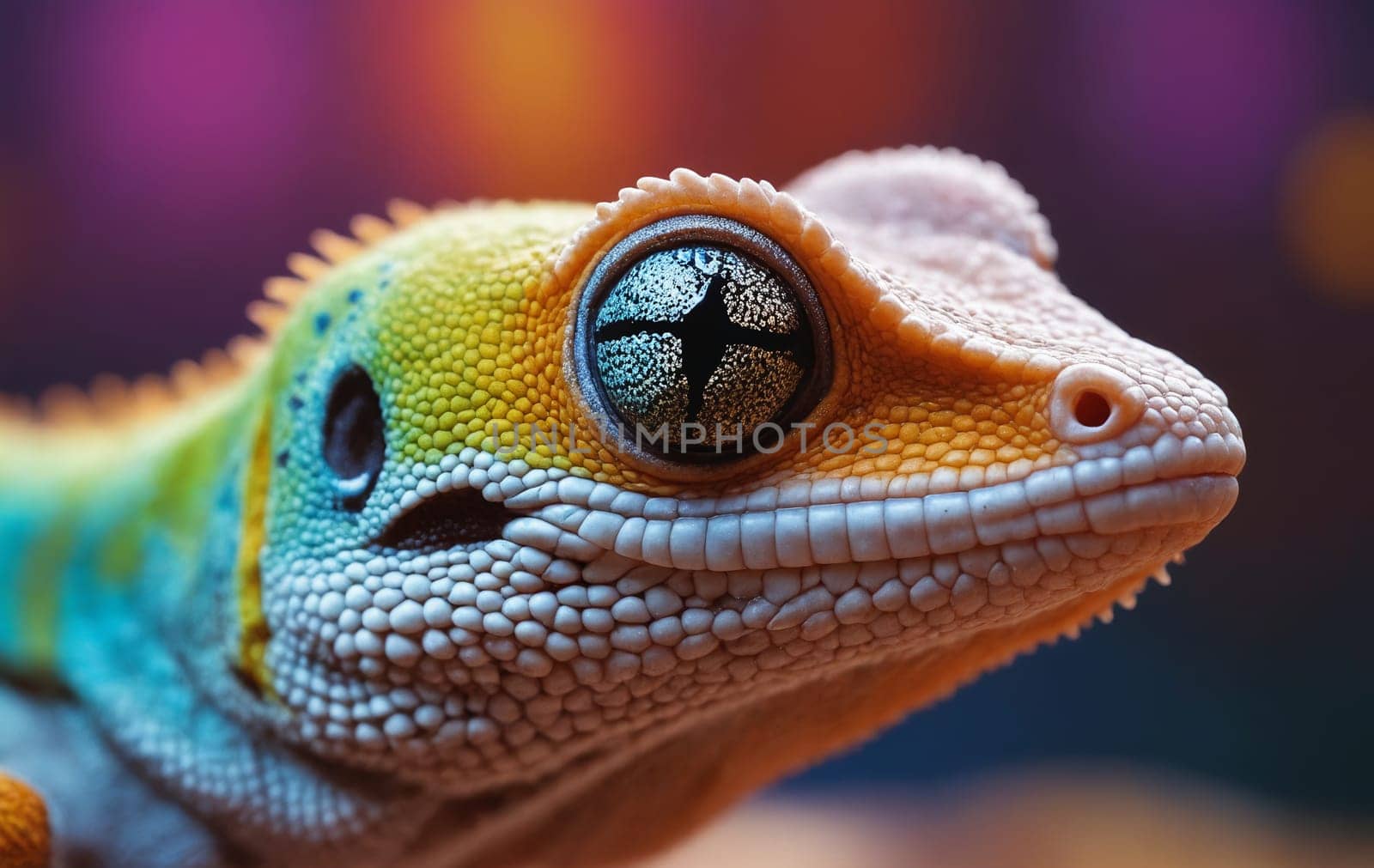 Macro photography of a colorful dragon lizard with a star in its eyes by Andre1ns