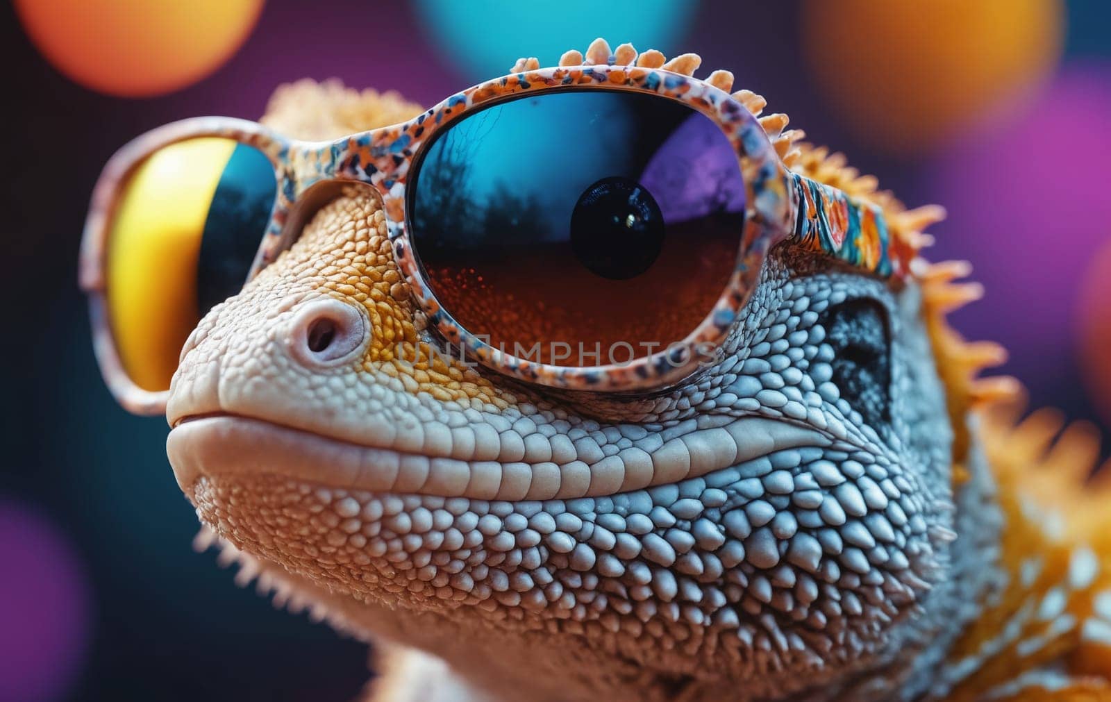 A closeup of a terrestrial animal, a scaled reptile, a lizard wearing electric blue sunglasses. A fun way to promote vision care and eyewear protection