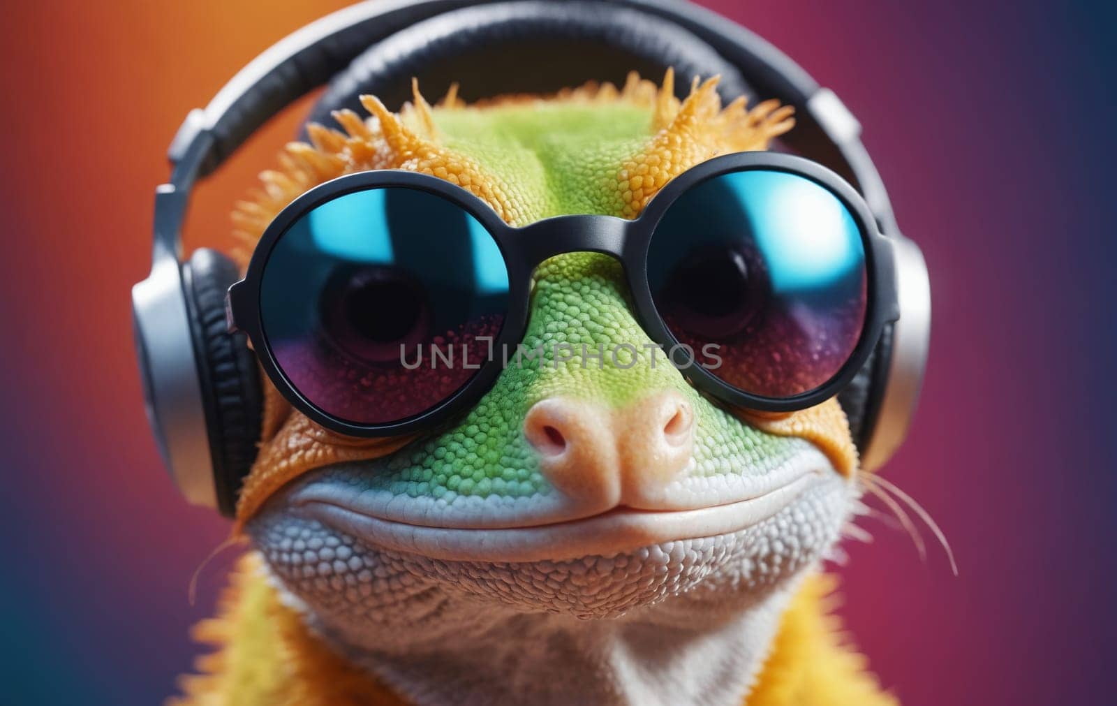 Electric blue lizard with sunglasses and headphones looking at camera by Andre1ns