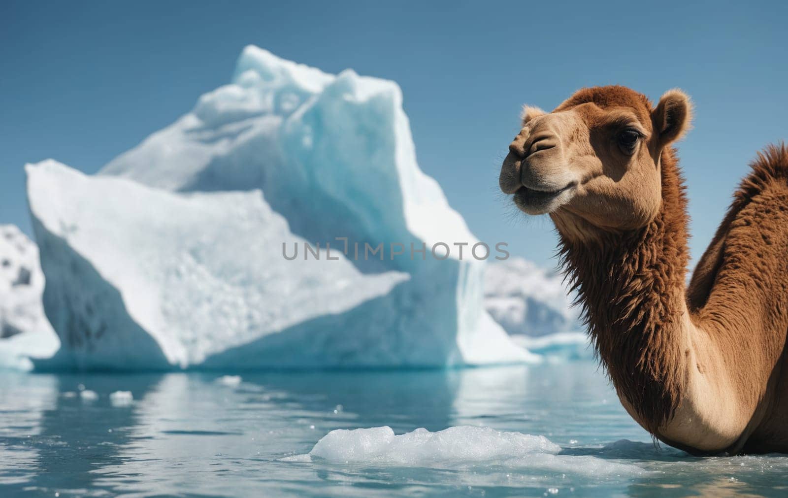 A fawncolored camel stands in the water with icebergs in the background against a natural landscape of grassland and sky
