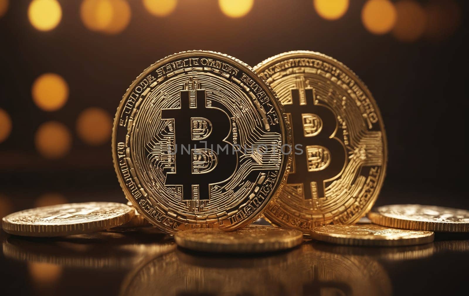 Three bitcoin coins stacked on table, closeup view by Andre1ns