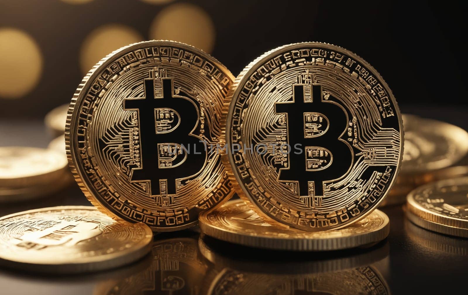Three bitcoin coins are arranged in a stack on a table, showcasing the digital currency in a closeup, macro photography style