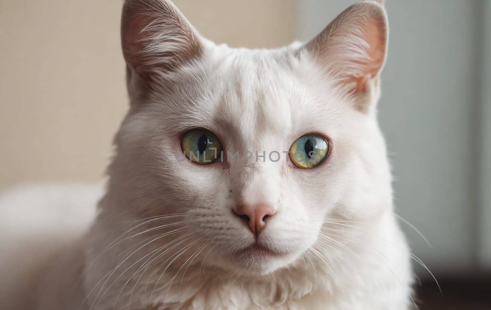 Closeup shot of a white Felidae cat with enchanting blue eyes, creating a serene yet captivating visual.