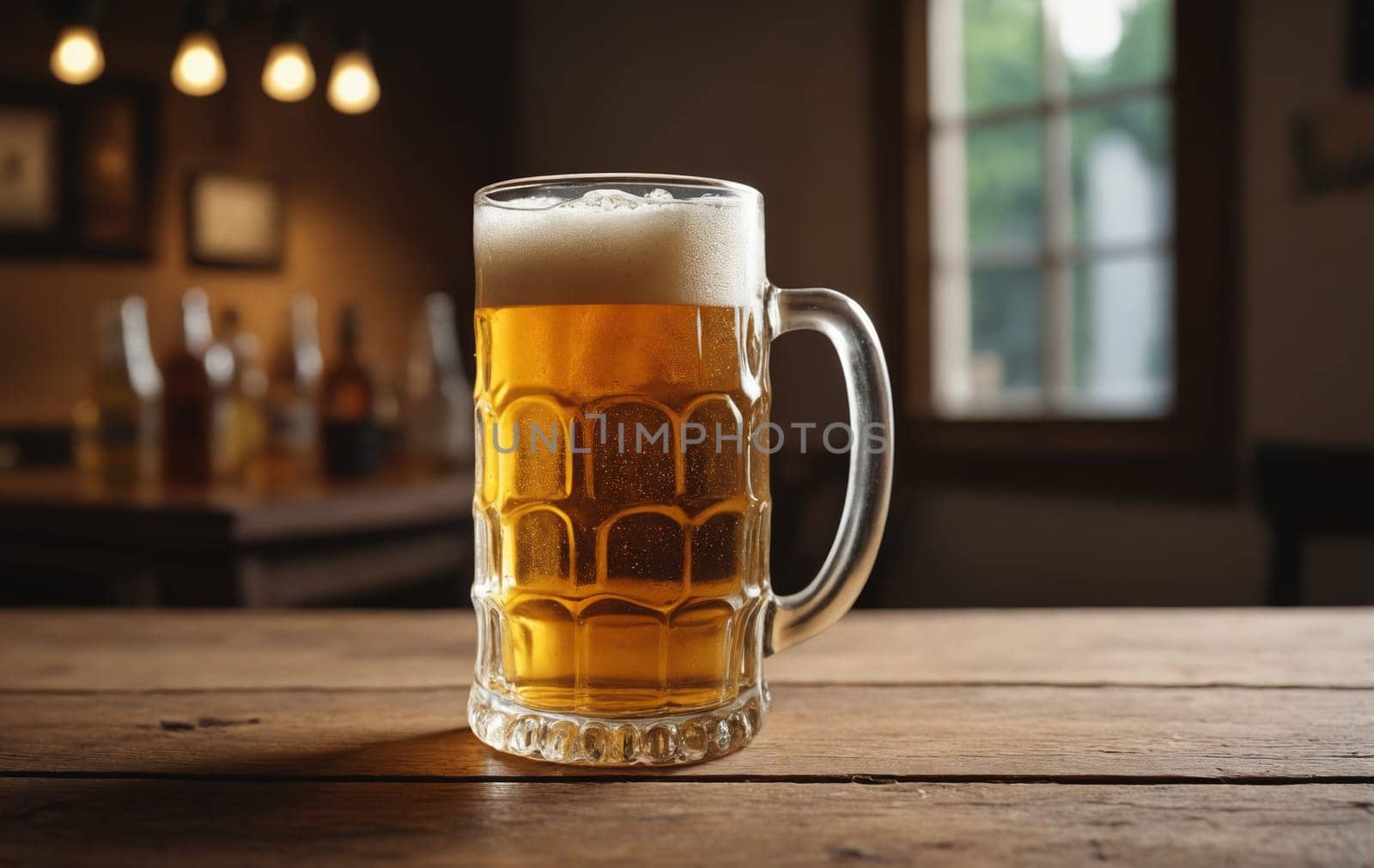 A beer glass filled with liquid is resting on a wooden table. The tableware holds a refreshing drink, creating a cozy barware scene