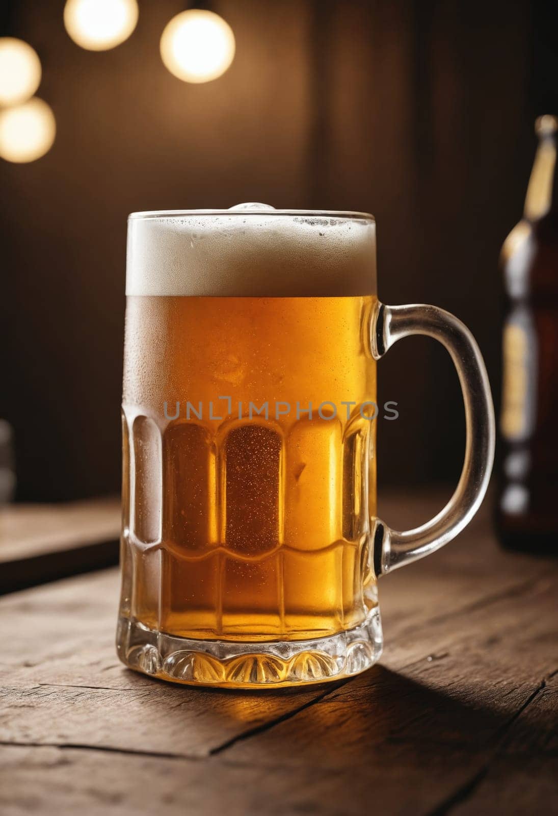 A beer glass filled with liquid is placed on a wooden table, part of the drinkware and serveware in a bar setting