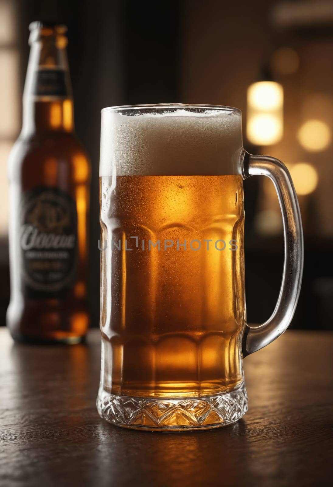 A bottle of beer and a glass of beer are placed on a wooden table. The amber liquid in the bottle and glass is ready to be enjoyed as a refreshing drink