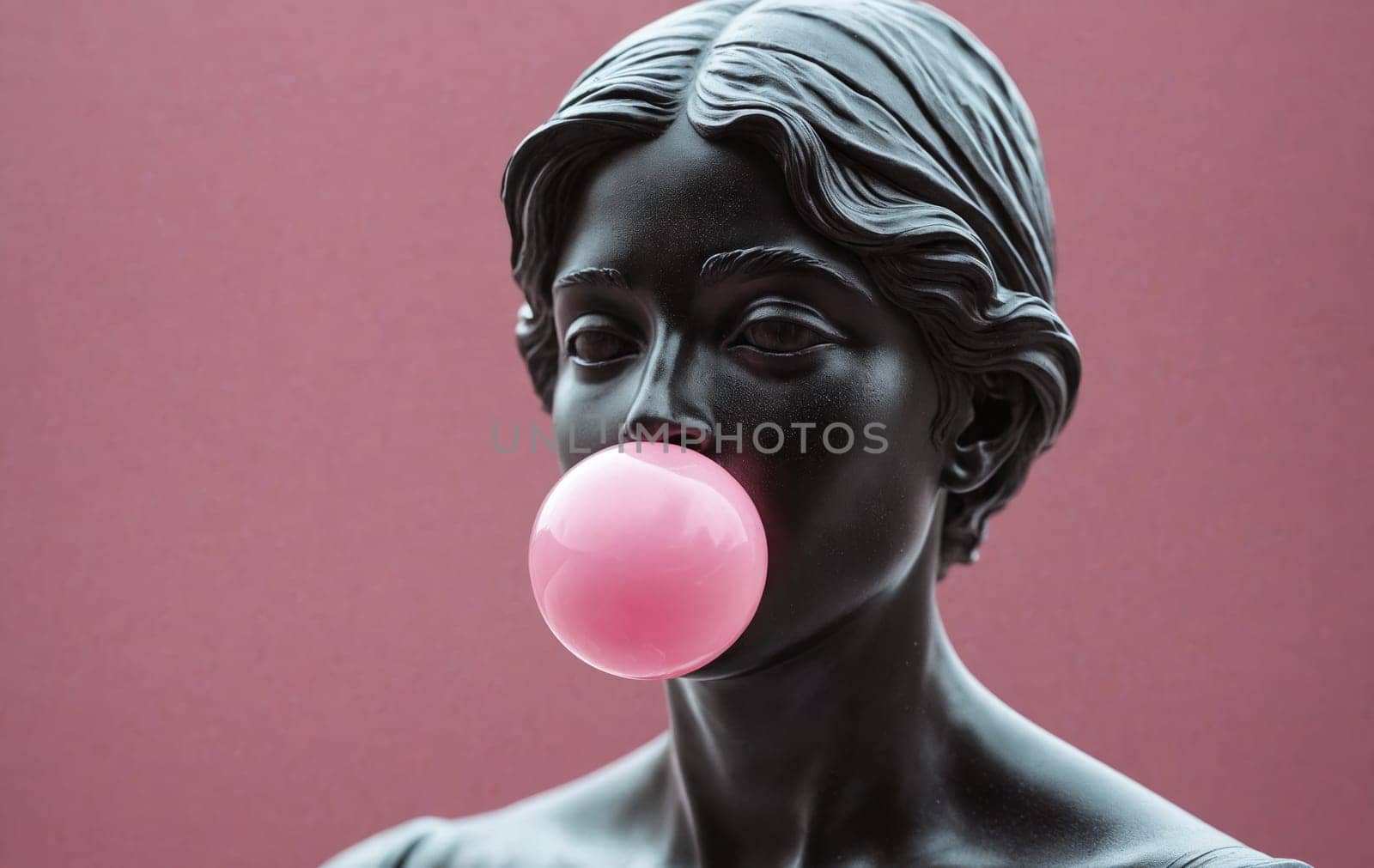 The statue depicts a woman with a bubble gum in her mouth, showcasing detailed features like nose, lips, chin, jaw, and a playful facial expression