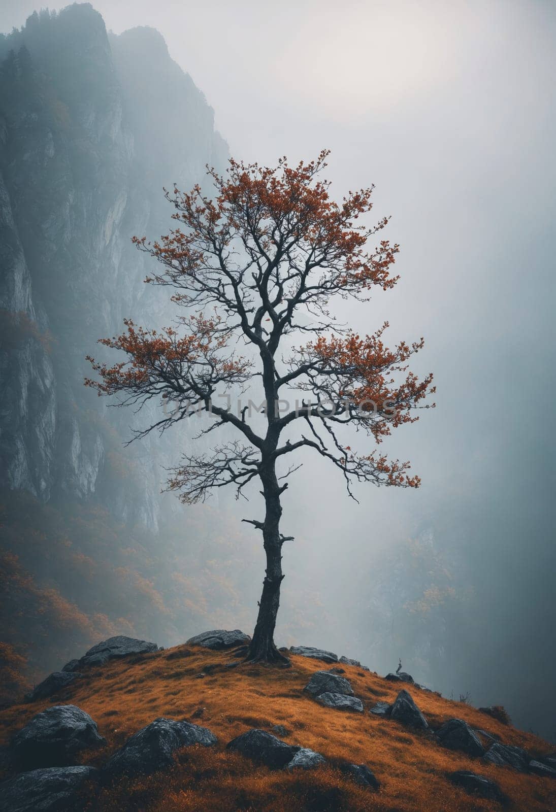 A lone larch tree stands tall in the foggy forest, surrounded by evergreen mountains, creating an atmospheric phenomenon in this natural landscape biome