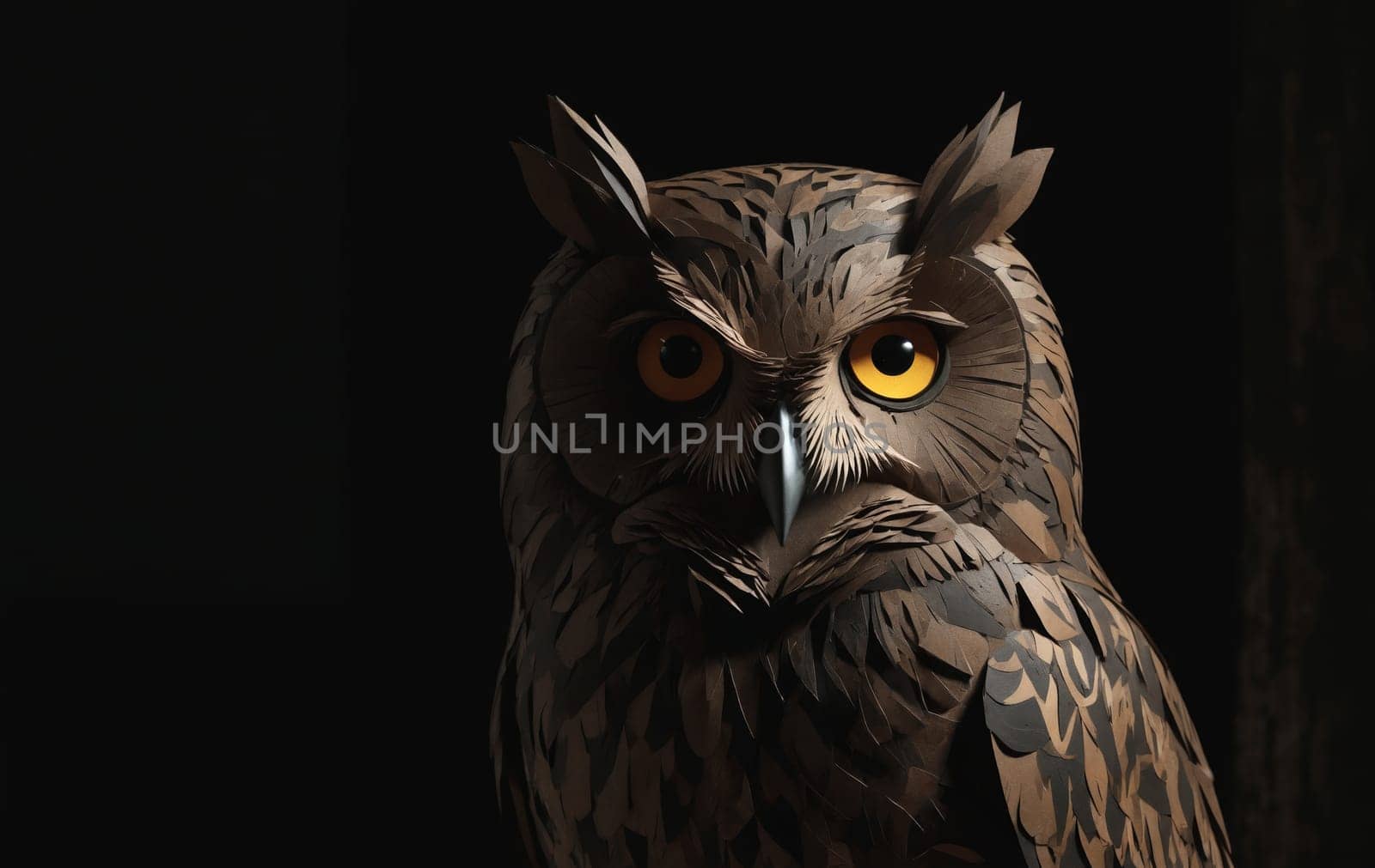 A closeup of an owl with piercing yellow eyes against a dark black background. This bird of prey belongs to the Accipitriformes order and is known for its exceptional vision in darkness
