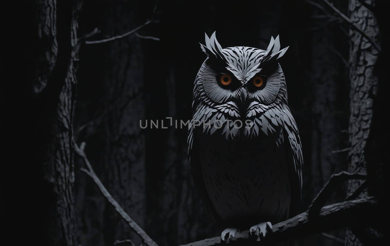 A carnivorous bird with grey feathers, an owl is perched on a tree branch in the dark, scanning the surroundings with its sharp beak and whiskers