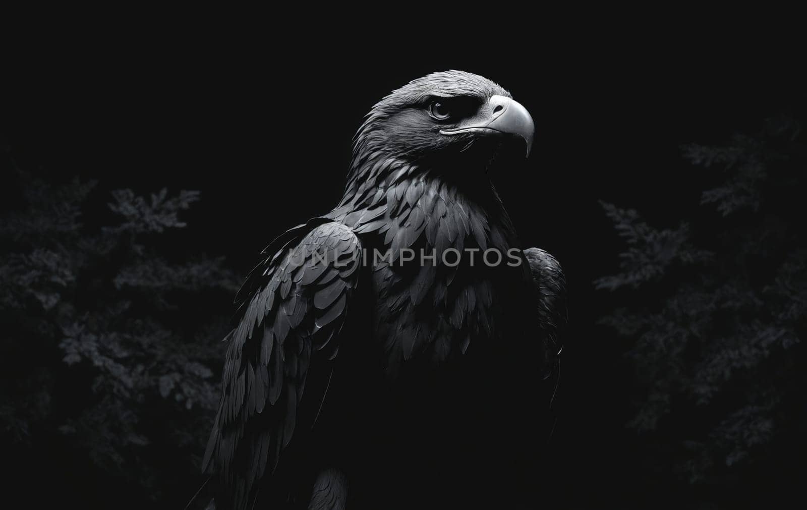 Accipitridae bird of prey, Eagle, standing in dark with tree in background by Andre1ns