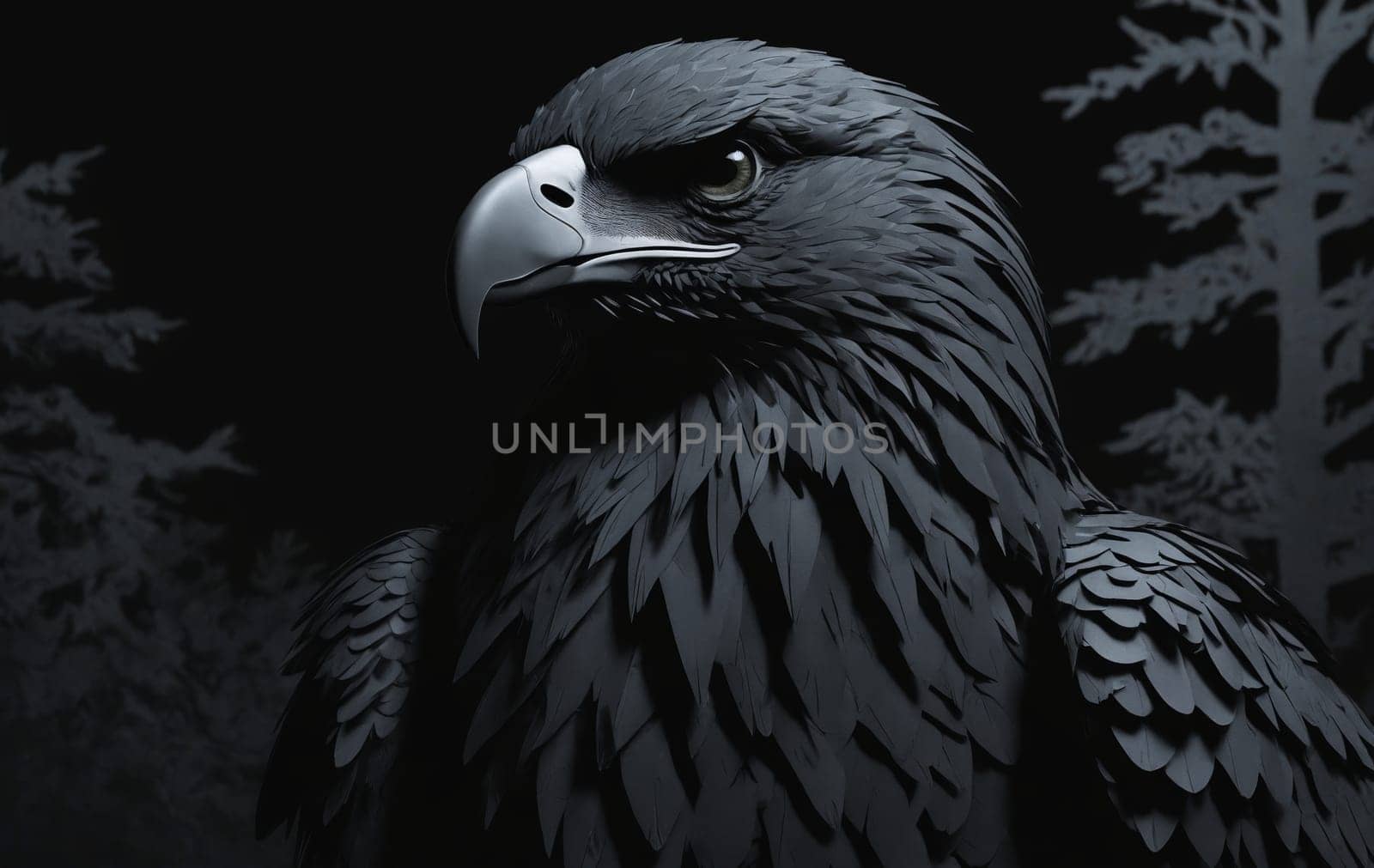 A striking black and white illustration captures the majestic gaze of an eagle, radiating power and freedom.