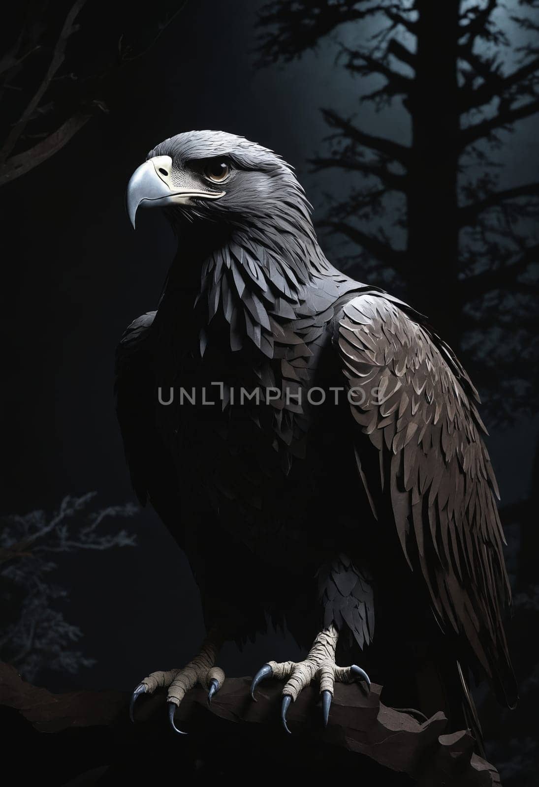 a black eagle is sitting in the dark looking at the camera by Andre1ns