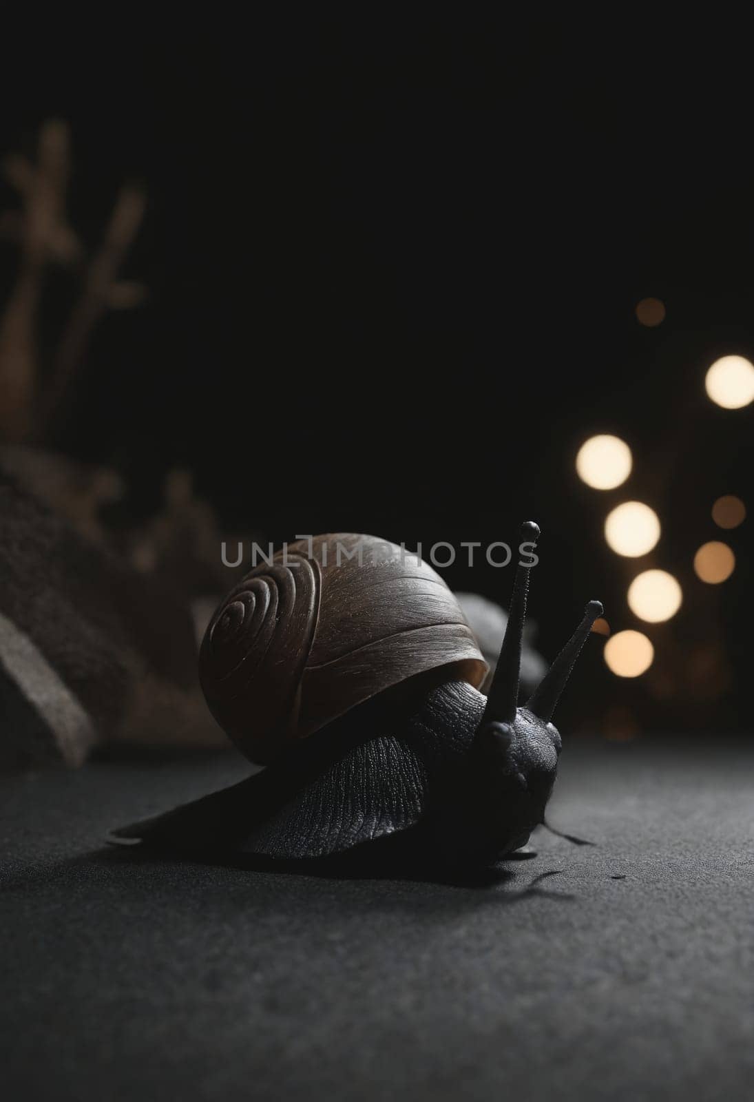 A lone snail embarks on a journey across a dark surface towards distant lights, a metaphor for determination.