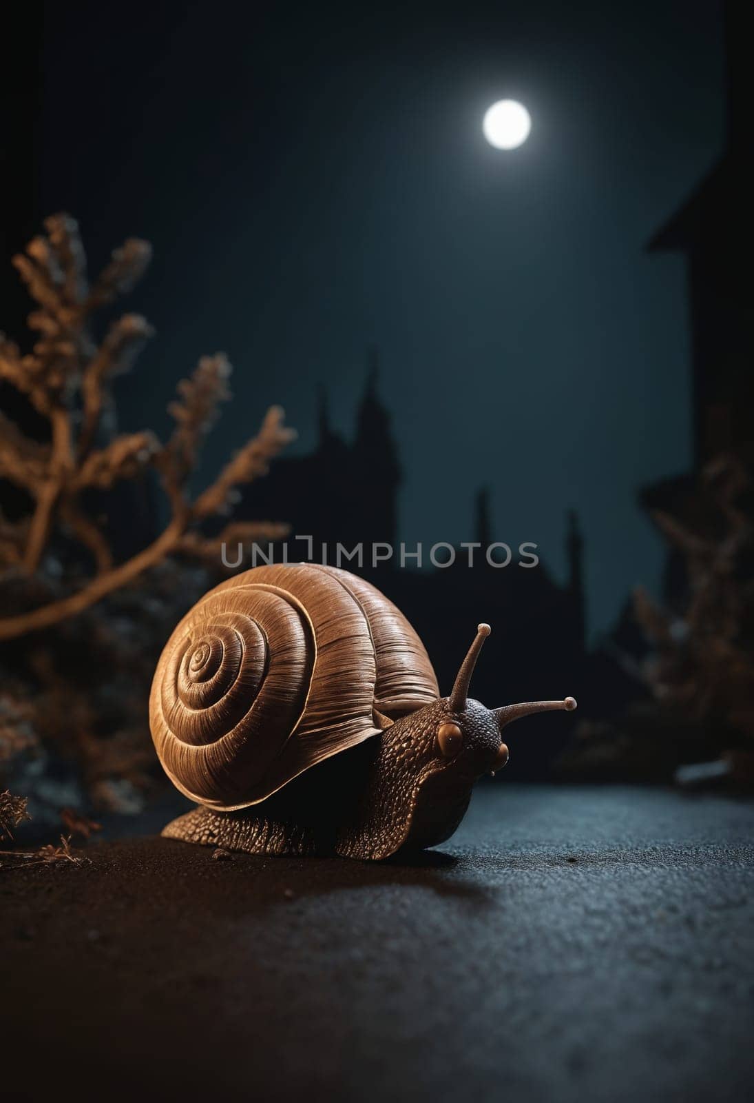A terrestrial animal, the snail, with its spiral shell, navigates through the darkness in monochrome photography. Snails and slugs are part of the molluscs family Lymnaeidae