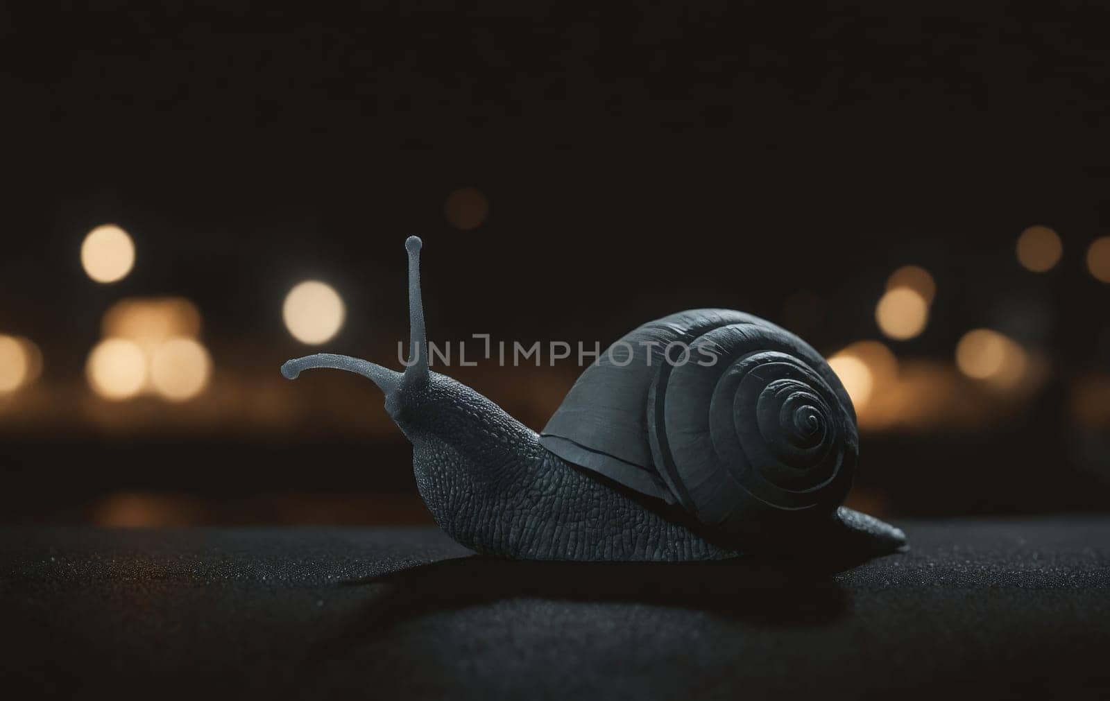 A terrestrial snail from the Lymnaeidae family is slowly moving across a table covered in grass and plants in the dark, its spiral shell shining faintly