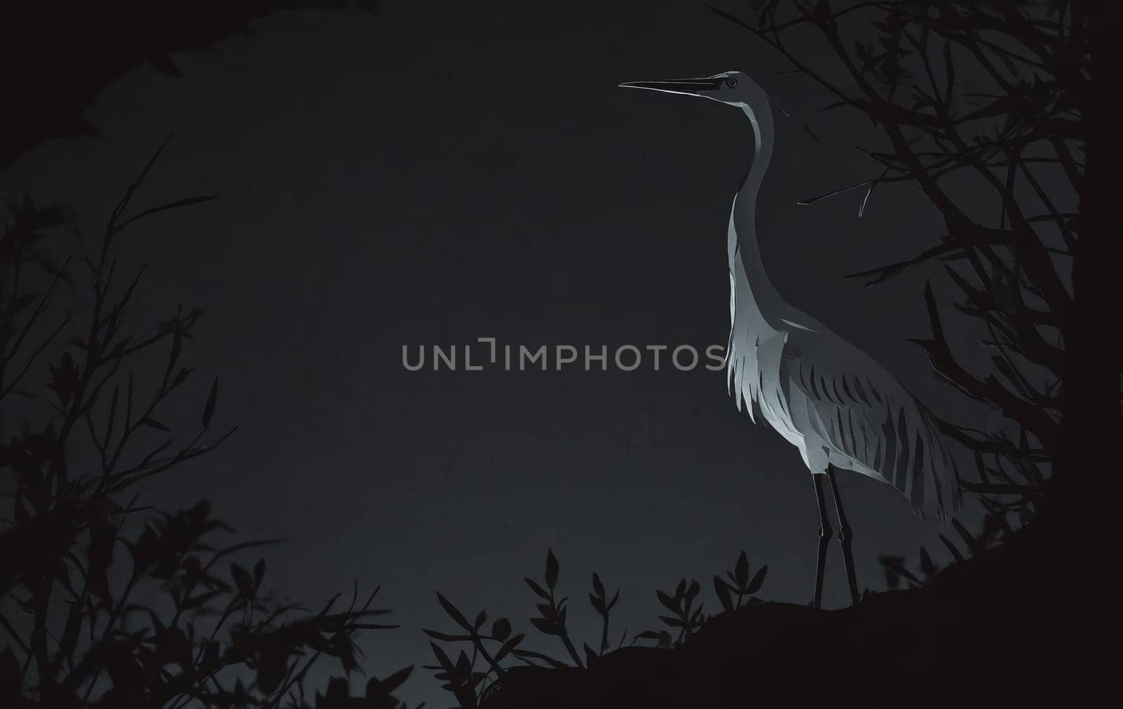 A white bird stands in the dark among trees, surrounded by plants and twigs by Andre1ns